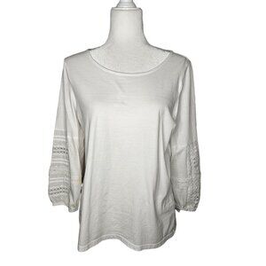 Talbots Cottagecore Knit White 3/4 Sleeve Lace Boho Top 100% Cotton Size M